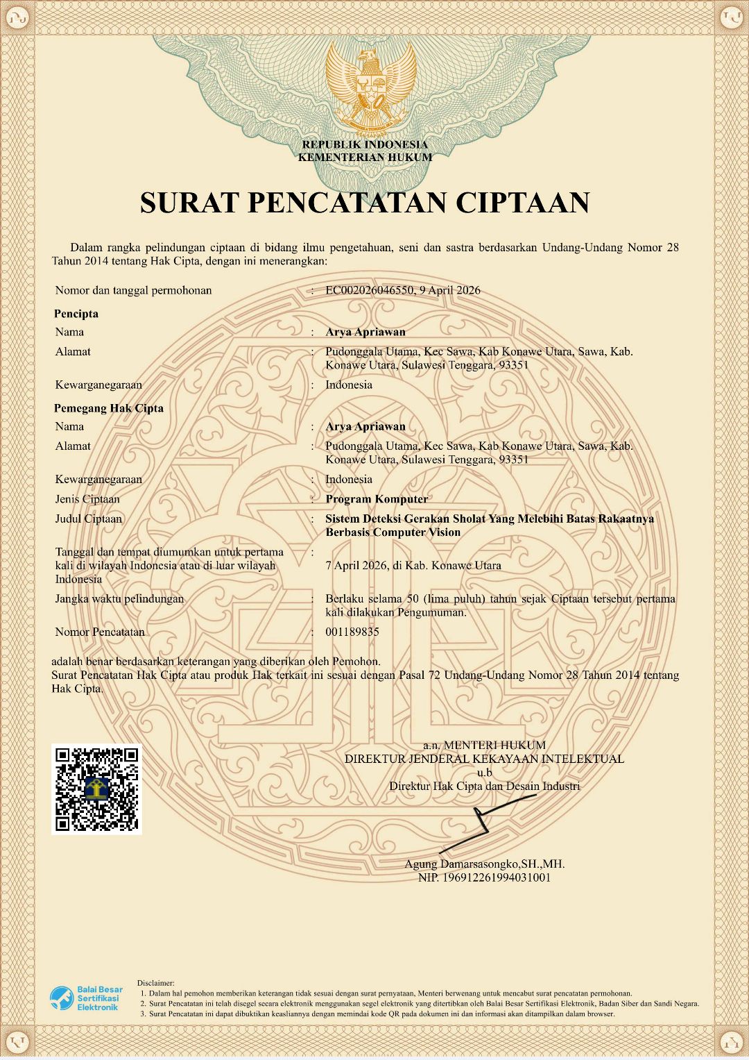 Copyright Registration for Computer Vision-Based Prayer Movement Detection System
